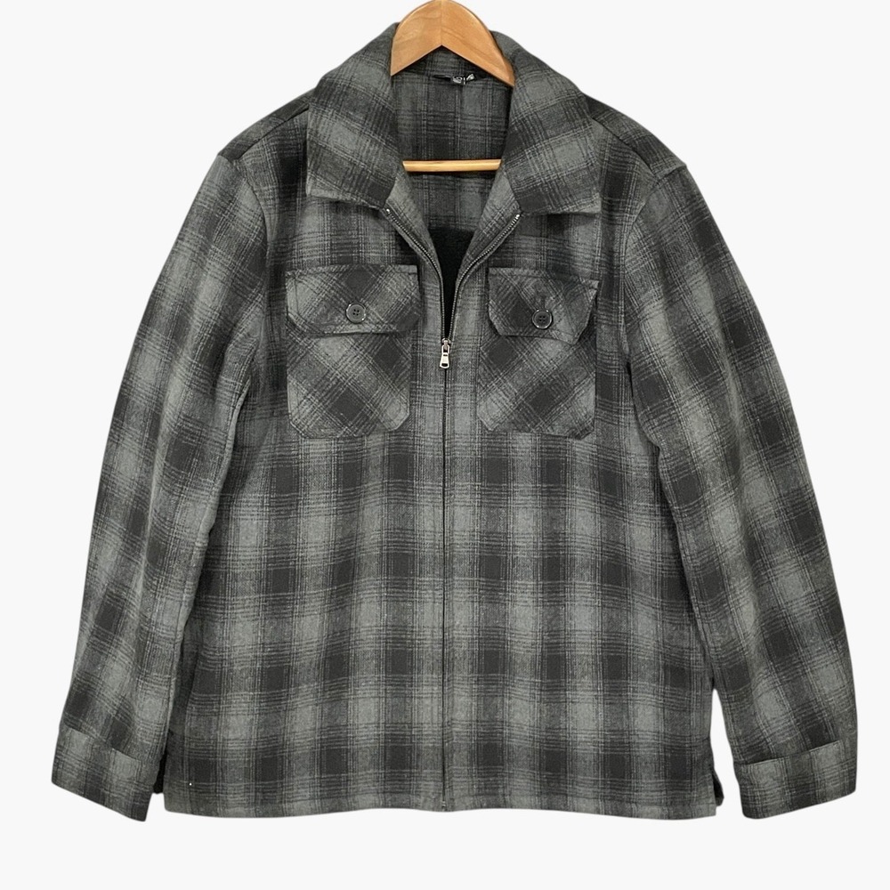 Gray Black Plaid Sherpa Lined Utility Jacket Men M Work Minimalist Gorpcore NWOT